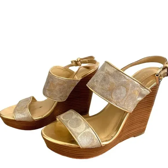 Coach Jezebel Metallic Logo Wood Heel Open Toe Buckle Wedge in Gold Silver 8.5